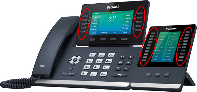 Yealink T54W IP Phone and Yealink EXP50 Expansion Module with Feature Keys Circled
