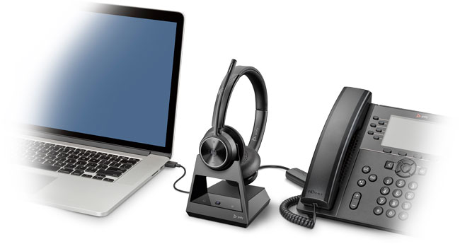 Poly Savi 7320 Office Connected to Laptop and Phone